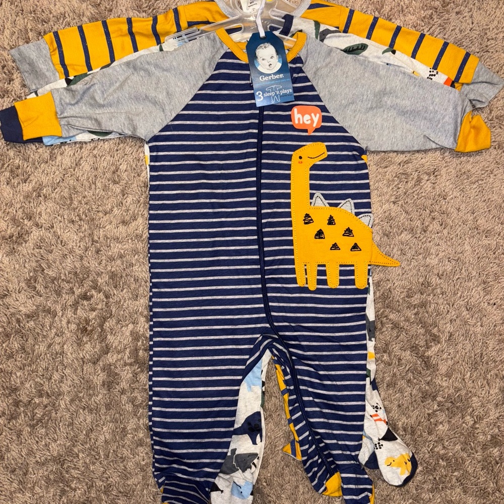 NW/OT: Gerber Blue Striped Dinosaur Baby One Piece 3-6months
